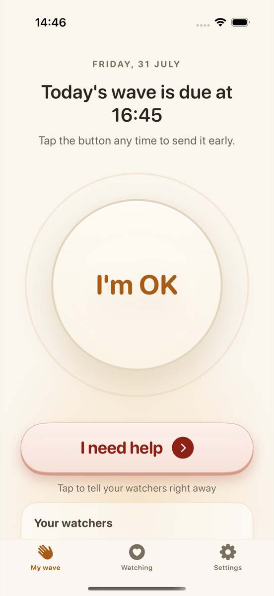 The Vink home screen with the big I'm OK button